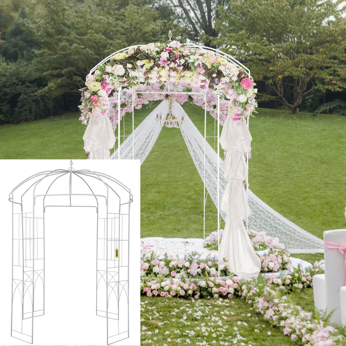 VEVOR Birdcage Shape Garden Arbor, 9\' High x 6.6\' Wide, Heavy Duty Wrought Iron Arbor, Wedding Arch Trellis for Climbing Vines in Outdoor Garden, Lawn, Backyard, Patio, White