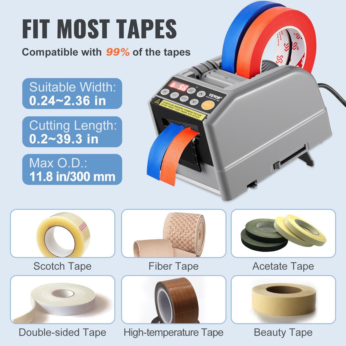 VEVOR Automatic Tape Dispenser, Self-Adhesive Electric Tape Cutter, 25 W Packaging Machine, Tape Cutter, 6-60 mm Tape Width, Electric Tape Cutter Packaging Machine