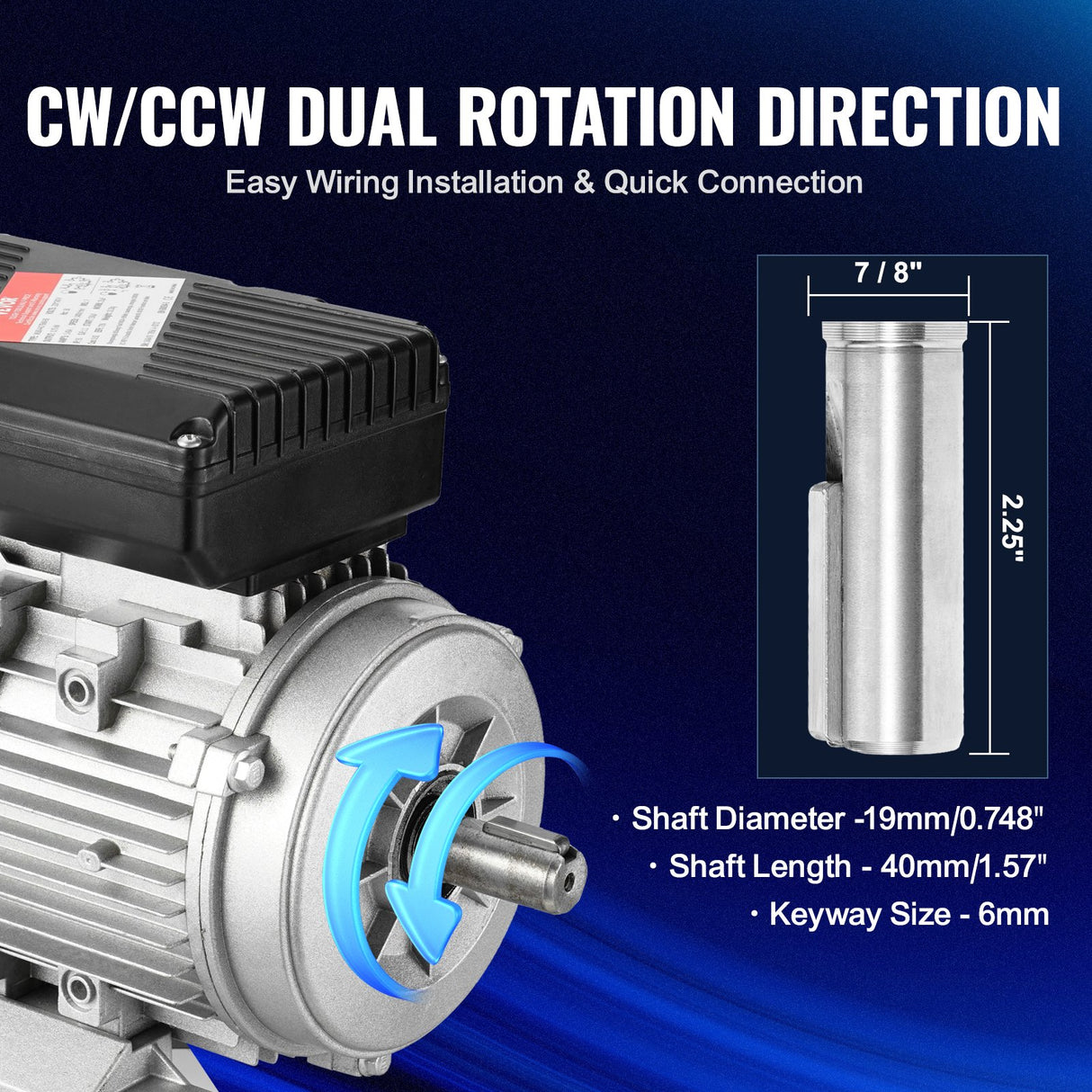 VEVOR 0.75KW Electric Motor 1400 rpm, AC 220~240V 5.45A, 80, B3 Frame, Air Compressor Motor Single Phase, 19mm Keyed Shaft, CW/CCW Rotation for
