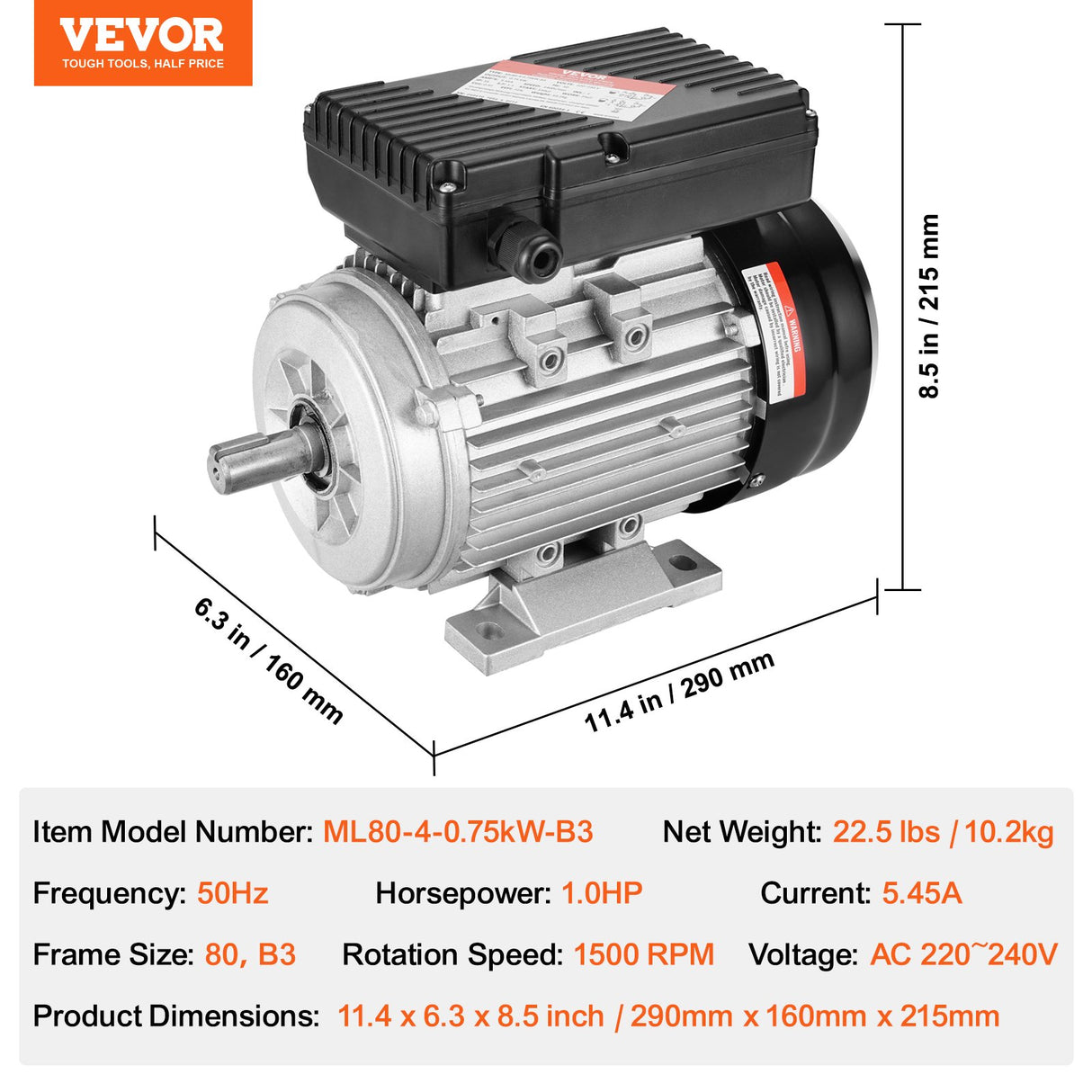 VEVOR 0.75KW Electric Motor 1400 rpm, AC 220~240V 5.45A, 80, B3 Frame, Air Compressor Motor Single Phase, 19mm Keyed Shaft, CW/CCW Rotation for