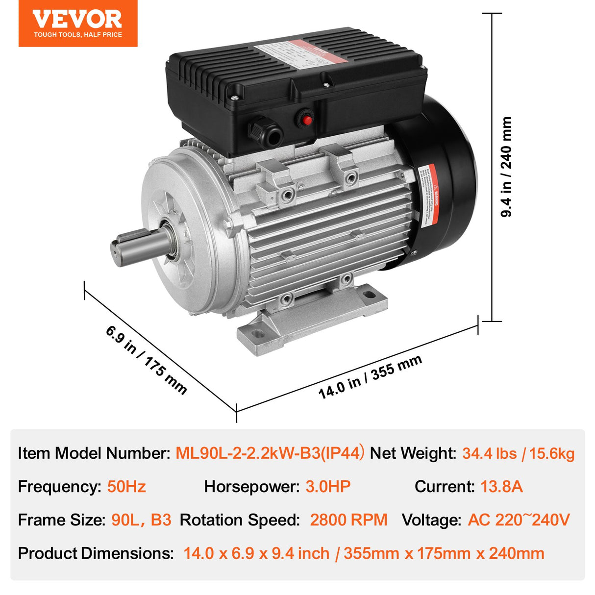 VEVOR 2.2KW Electric Motor 2800 rpm, AC 220~240V 13.8A, 90L, B3 Frame, Air Compressor Motor Single Phase, 24mm Keyed Shaft, CW/CCW Rotation for