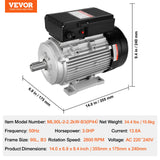 VEVOR 2.2KW Electric Motor 2800 rpm, AC 220~240V 13.8A, 90L, B3 Frame, Air Compressor Motor Single Phase, 24mm Keyed Shaft, CW/CCW Rotation for - Rear View