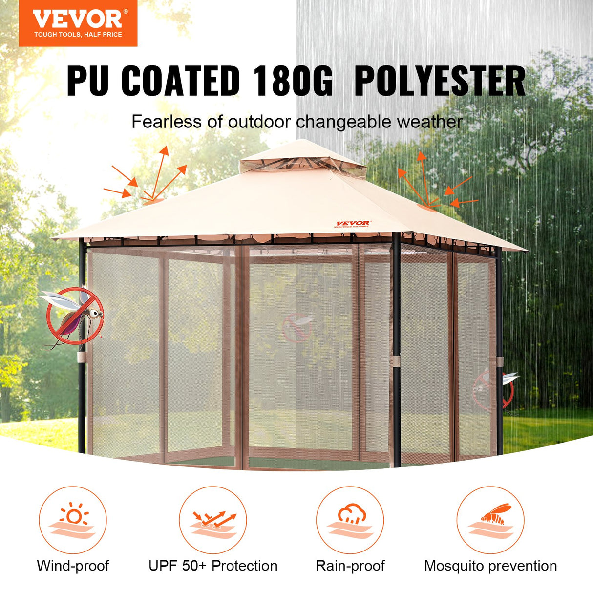 VEVOR Patio Gazebo for 6-8 Person, 3.05 x 3.05 m Backyard Gazebo, with Mosquito Netting, Metal Frame, and PU Coated 180G Polyester, Outdoor Canopy