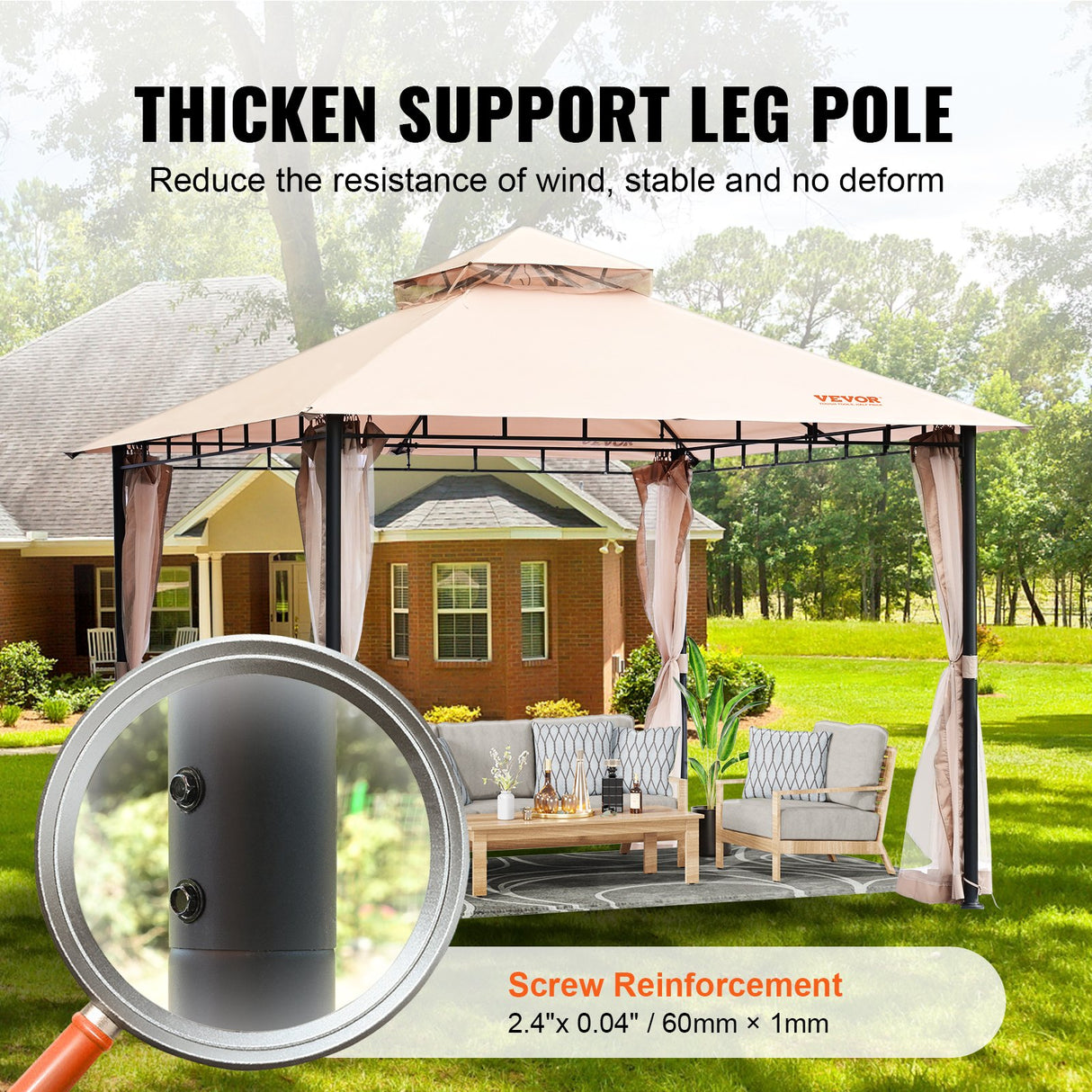 VEVOR Patio Gazebo for 6-8 Person, 3.05 x 3.05 m Backyard Gazebo, with Mosquito Netting, Metal Frame, and PU Coated 180G Polyester, Outdoor Canopy Shelter for Patio, Backyard, Lawn, Garden, Deck