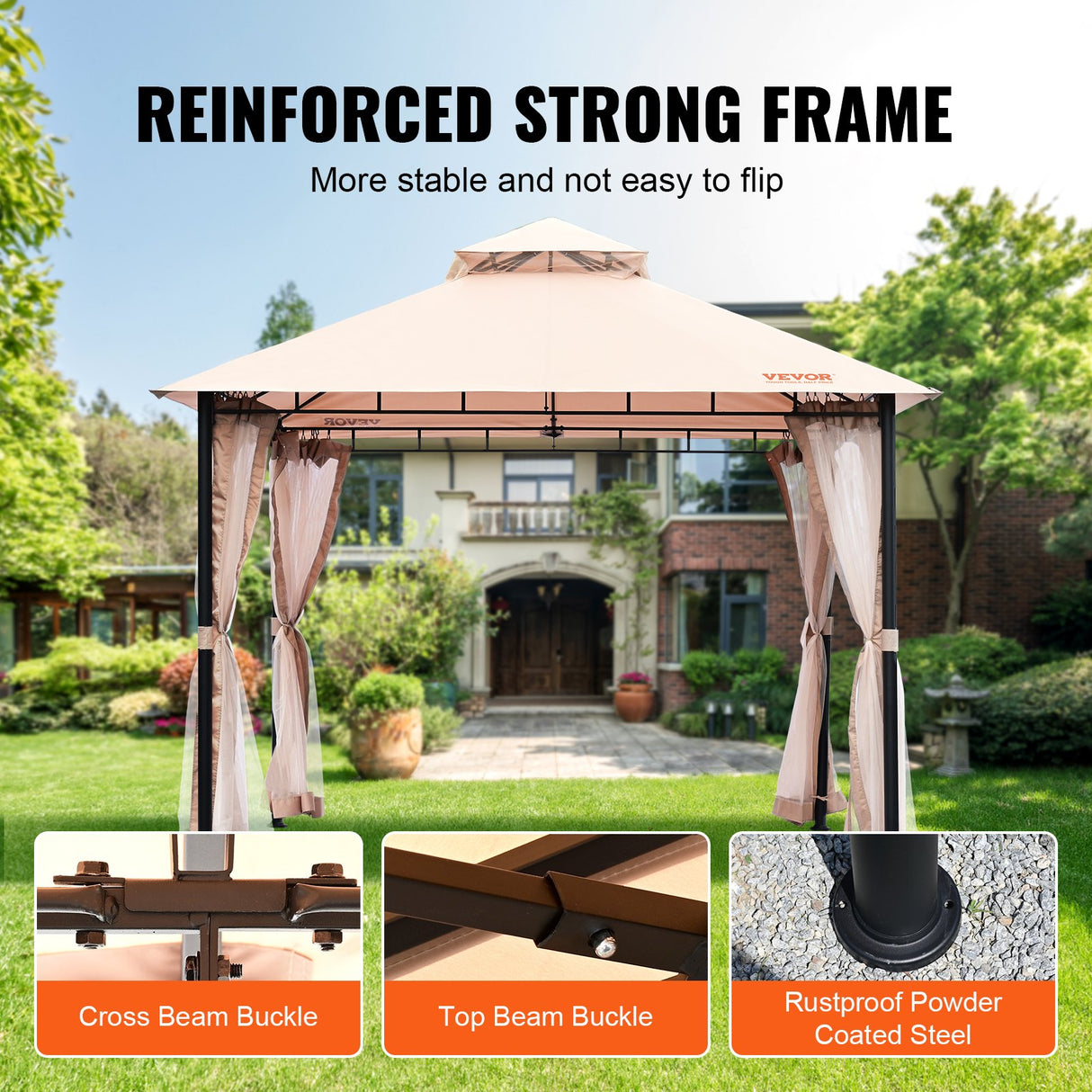VEVOR Patio Gazebo for 6-8 Person, 3.05 x 3.05 m Backyard Gazebo, with Mosquito Netting, Metal Frame, and PU Coated 180G Polyester, Outdoor Canopy Shelter for Patio, Backyard, Lawn, Garden, Deck