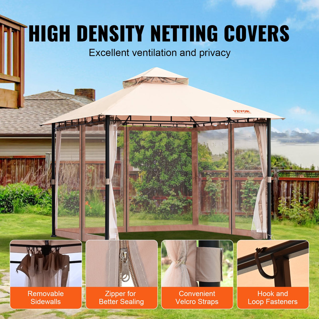 VEVOR Patio Gazebo for 6-8 Person, 3.05 x 3.05 m Backyard Gazebo, with Mosquito Netting, Metal Frame, and PU Coated 180G Polyester, Outdoor Canopy Shelter for Patio, Backyard, Lawn, Garden, Deck