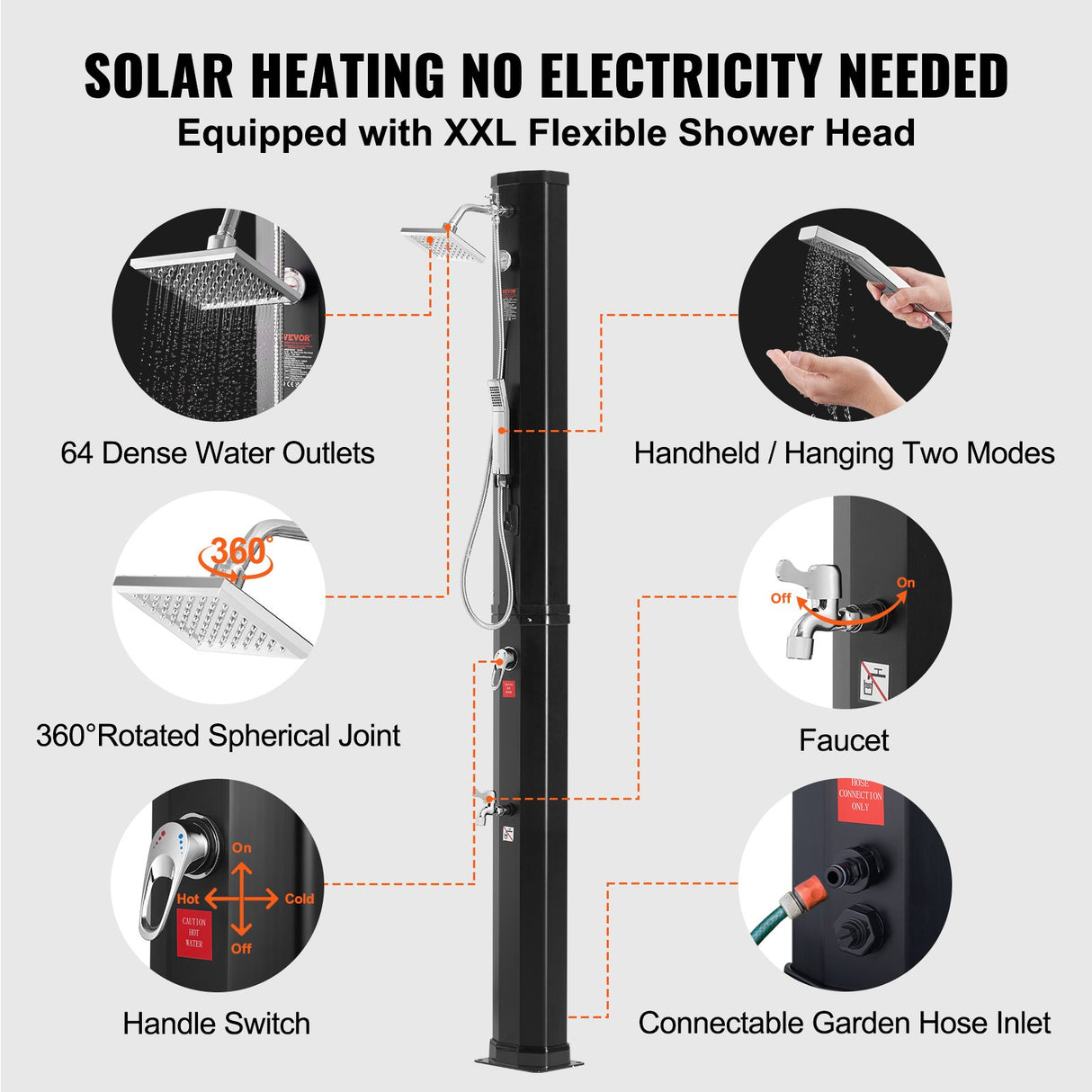 VEVOR Outdoor Solar Heated Shower, 40L Poolside Shower Kit with 2 Shower Head and Foot Shower Tap, Handheld/Hanging Two Modes Fast Assembly W/ Pre-