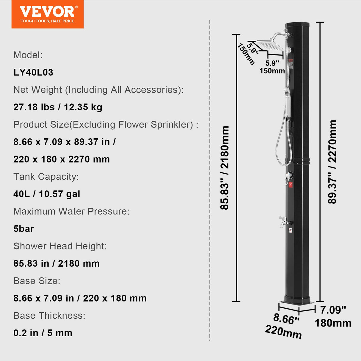 VEVOR Outdoor Solar Heated Shower, 40L Poolside Shower Kit with 2 Shower Head and Foot Shower Tap, Handheld/Hanging Two Modes Fast Assembly W/ Pre-