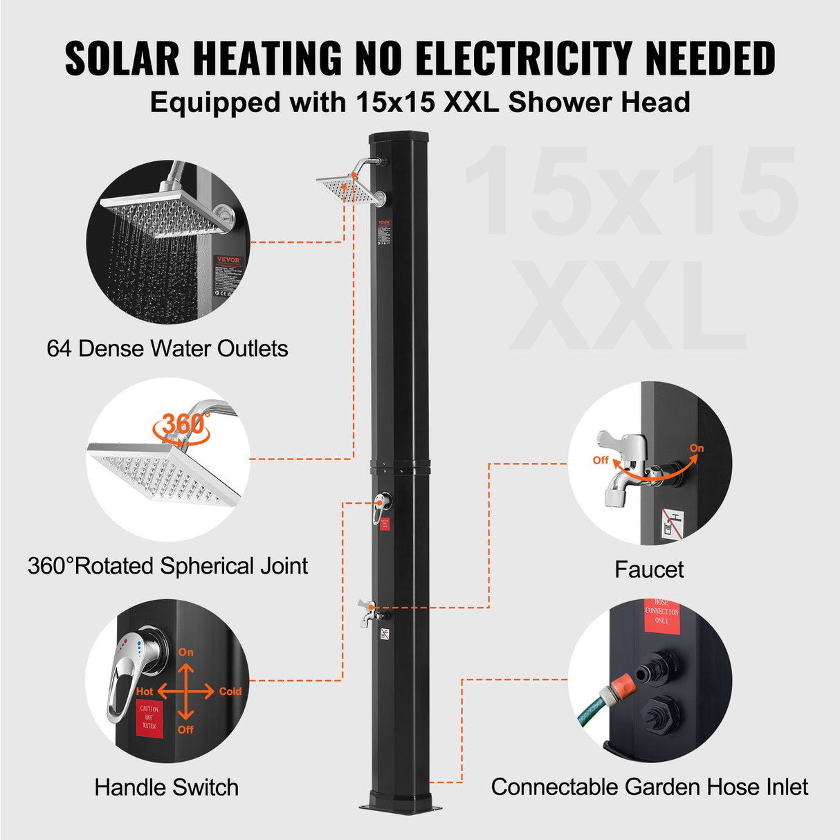 VEVOR Outdoor Solar Heated Shower, 35L Poolside Shower Kit with Shower Head and Foot Shower Tap, Double Buckle Fast Assembly W/ Pre-Drilled Holes for