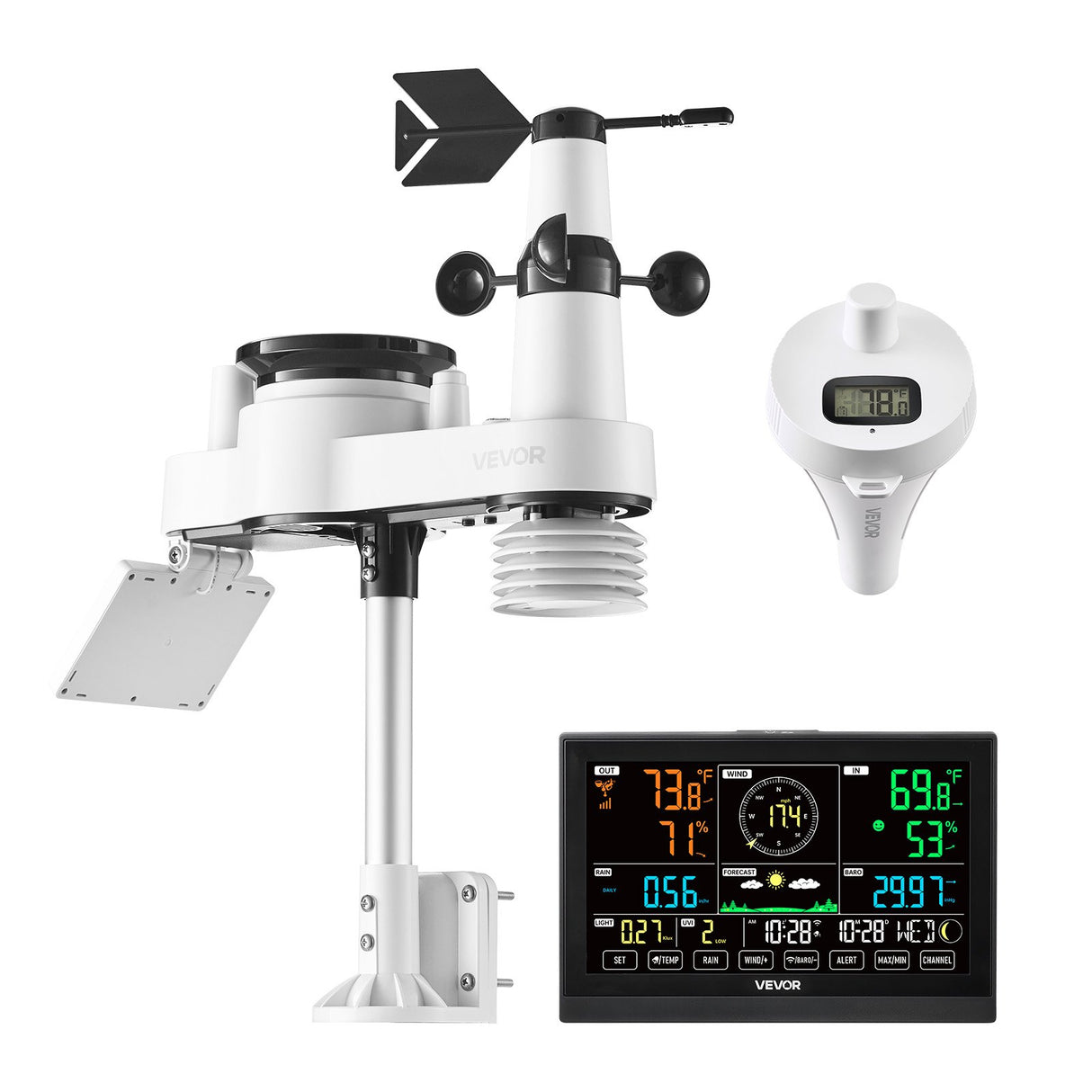 7-in-1 Wi-Fi Weather Station with APP, 190.5 mm Display, Wireless Solar Powered Outdoor Sensor, with Pool Thermometer, Rain Gauge, Indoor Outdoor for Weather Forecast Wind Speed Pool Temperature