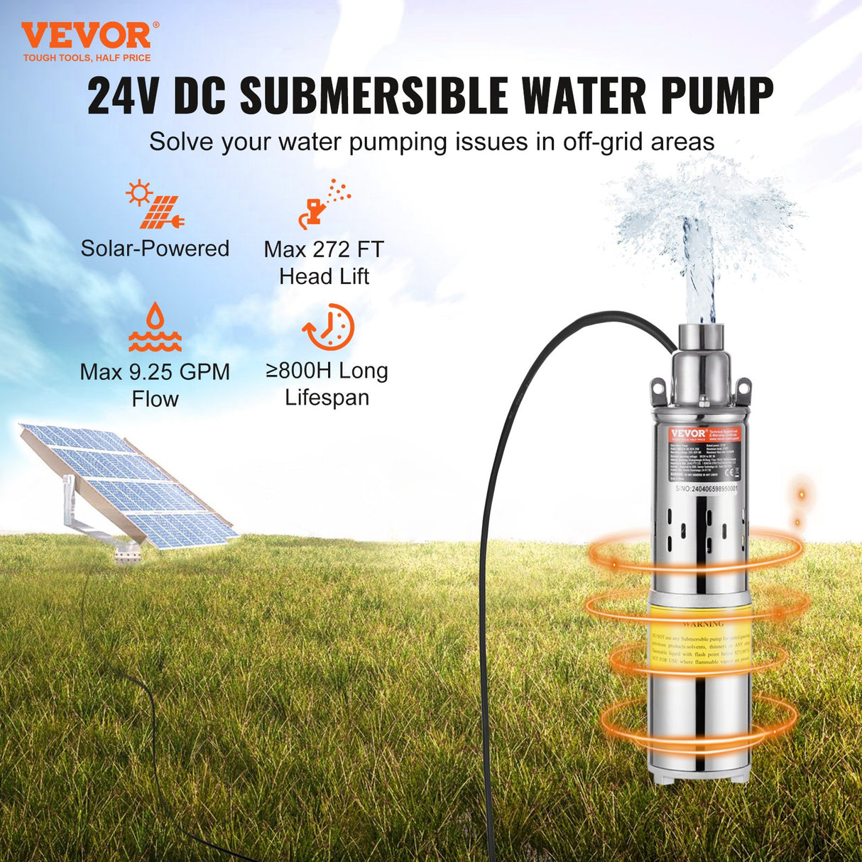 VEVOR Solar Water Pump, DC 277W Submersible Deep Well Pump, Max Flow 2.1 m?/H, Max Head 83 m, Max Submersion Depth 20 m, Solar Powered Water Pump for
