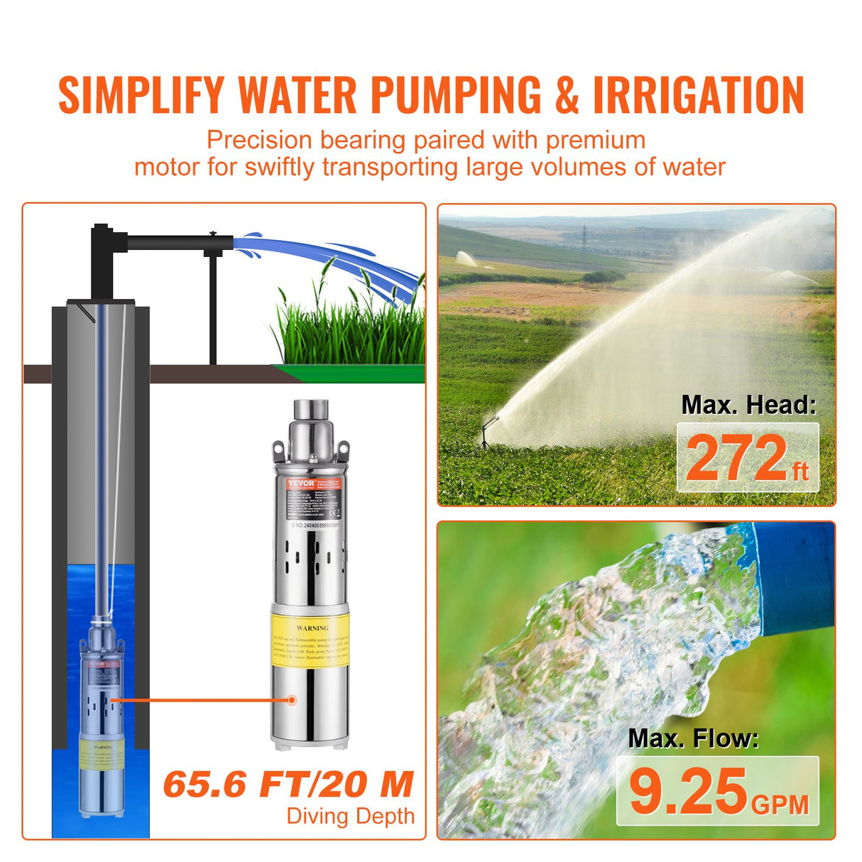 VEVOR Solar Water Pump, DC 277W Submersible Deep Well Pump, Max Flow 2.1 m?/H, Max Head 83 m, Max Submersion Depth 20 m, Solar Powered Water Pump for