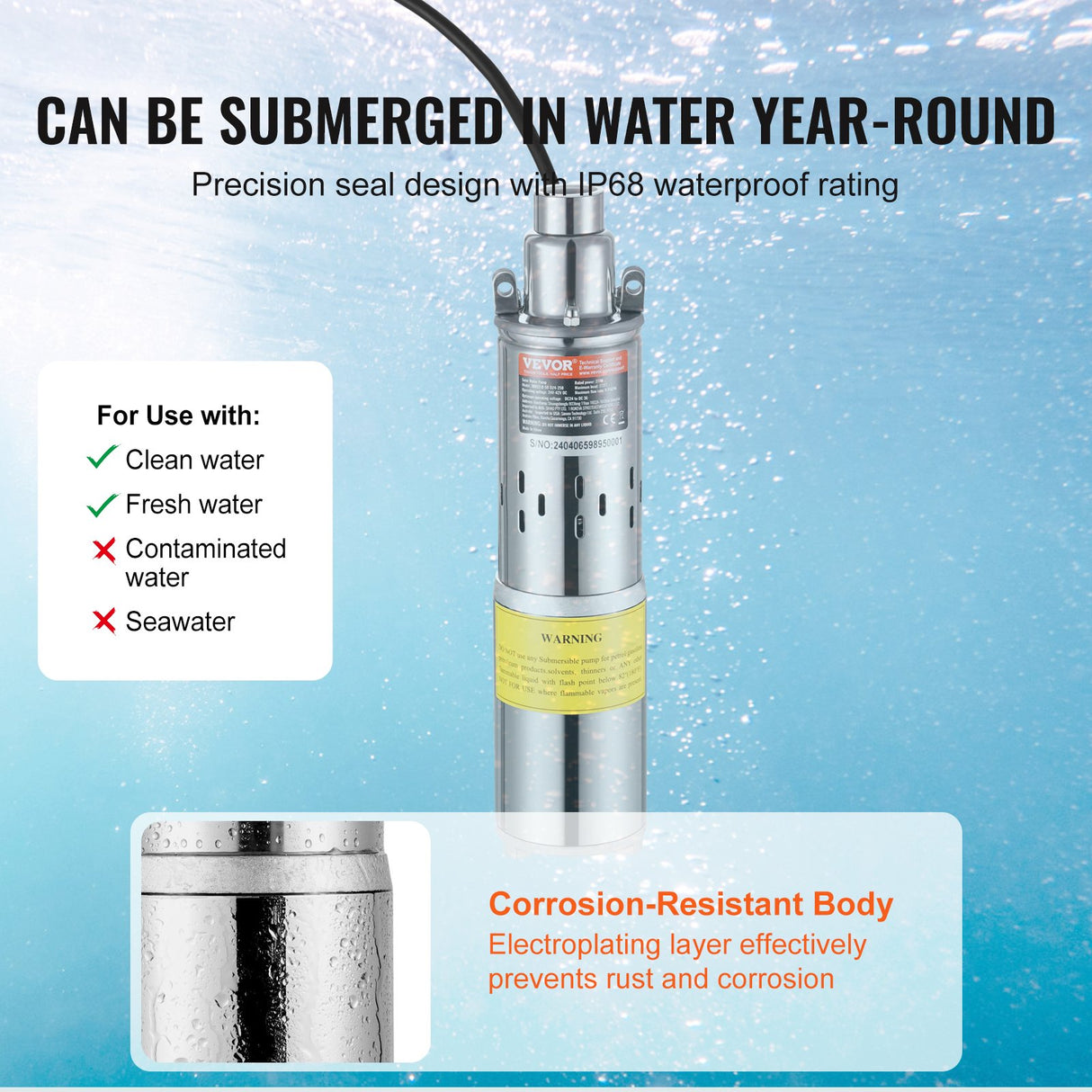 VEVOR Solar Water Pump, DC 277W Submersible Deep Well Pump, Max Flow 2.1 m?/H, Max Head 83 m, Max Submersion Depth 20 m, Solar Powered Water Pump for