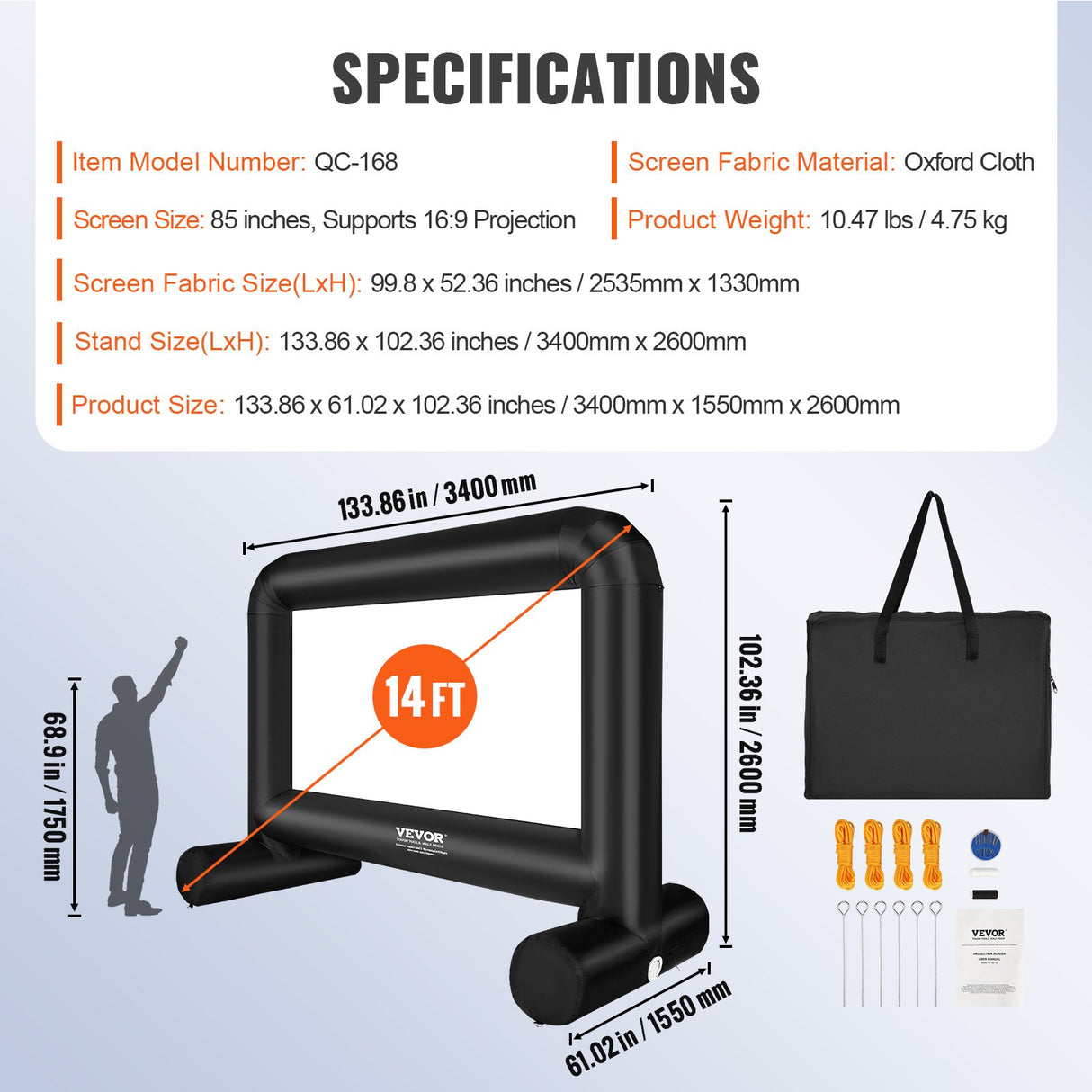 VEVOR Inflatable Movie Screen, 14 FT Inflatable Projector Screen for Outside with Blower and Carrying Bag, Front/Rear Projection, Oxford Fabric Blow
