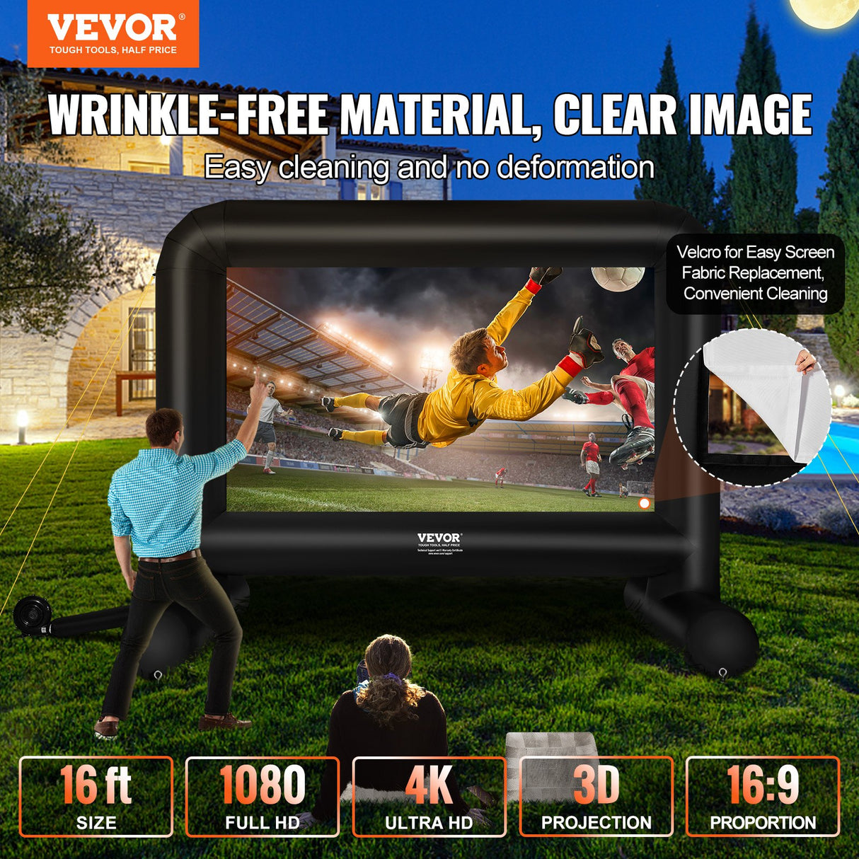 VEVOR Inflatable Movie Screen, 16 FT Inflatable Projector Screen for Outside with Blower and Carrying Bag, Front/Rear Projection, Oxford Fabric Blow