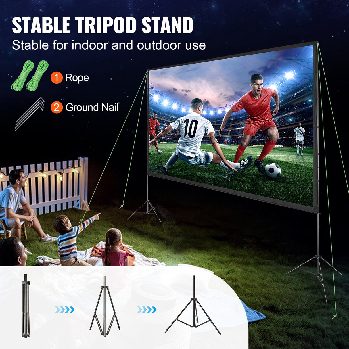 VEVOR Projector Screen with Stand, 150 inch 16:9 4K 1080 HD Outdoor Movie Screen with Stand, Wrinkle-Free Projection Screen with Tripods and Carry Bag