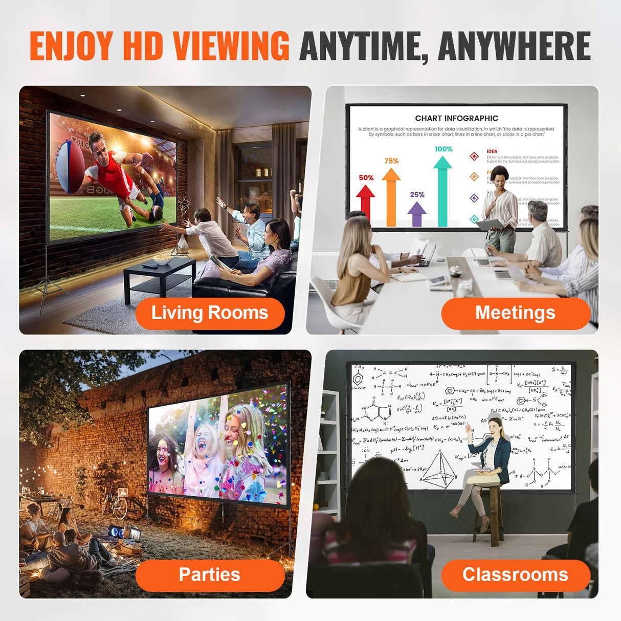 VEVOR Projector Screen with Stand, 150 inch 16:9 4K 1080 HD Outdoor Movie Screen with Stand, Wrinkle-Free Projection Screen with Tripods and Carry Bag
