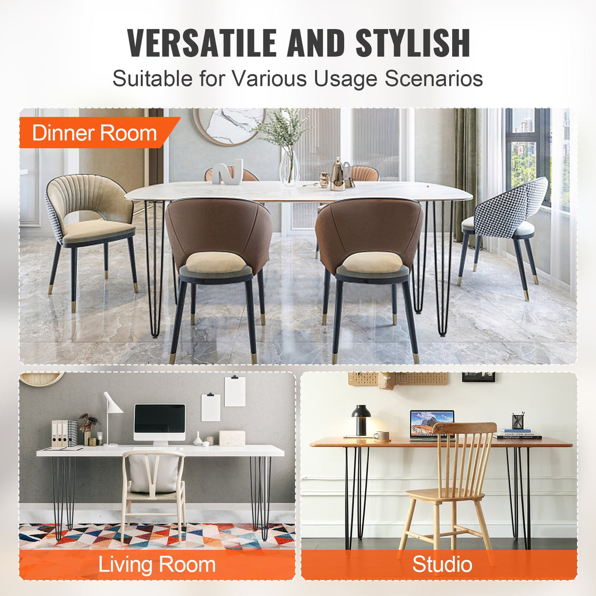 VEVOR Hairpin Table Legs 0.7M, Set of 4 Desk Legs 408.2KG Load Capacity, Hairpin Desk Legs 3 Rods for Desk Chairs Bench Dining End Table, Solid Carbon