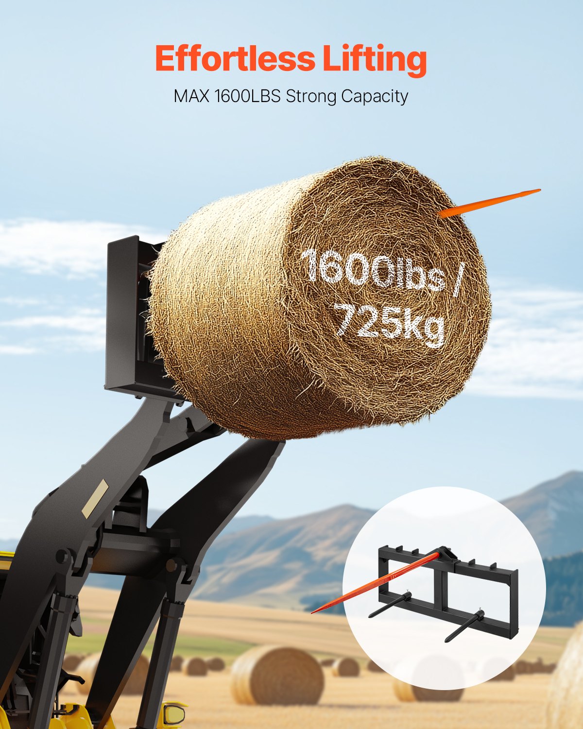 VEVOR 49" Hay Spear, Bale Spears 726kg Loading Capacity, Skid Steer Loader Tractor Attachment with 2pcs 17.5" Stabilizer Spears, Quick Attach Spike Forks