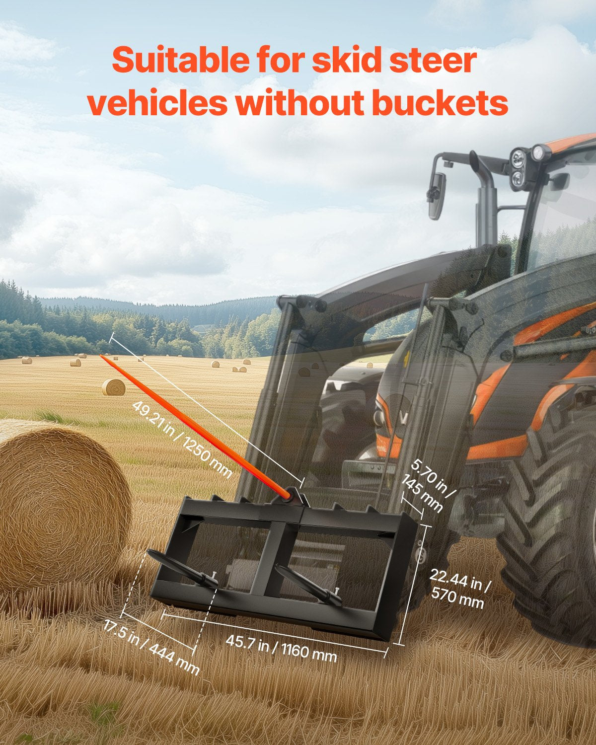 VEVOR 49" Hay Spear, Bale Spears 726kg Loading Capacity, Skid Steer Loader Tractor Attachment with 2pcs 17.5" Stabilizer Spears, Quick Attach Spike