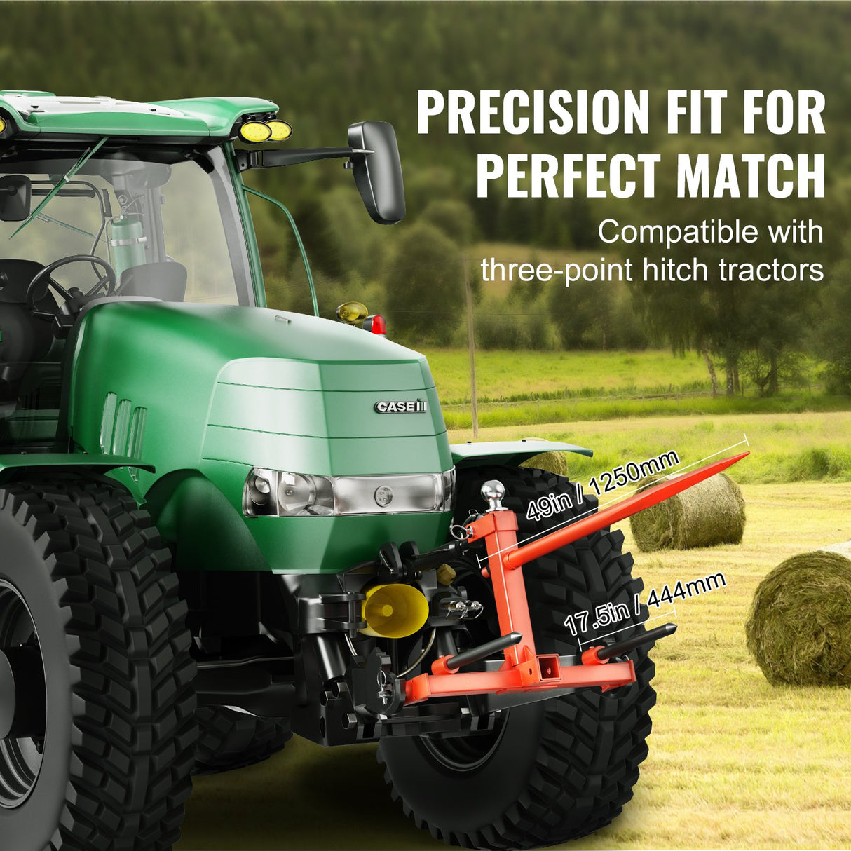 VEVOR 49" Hay Spear, Bale Spears 726kg Loading Capacity, Three-Point Hitch Tractor Attachment with 2pcs 17.5" Stabilizer Spears, Quick Attach Spike