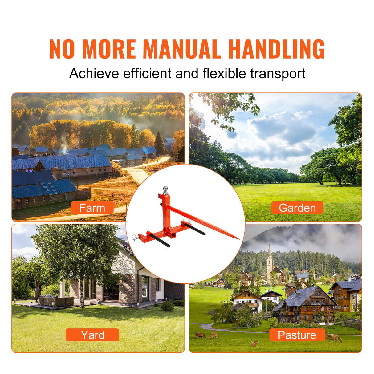 VEVOR 49" Hay Spear, Bale Spears 726kg Loading Capacity, Three-Point Hitch Tractor Attachment with 2pcs 17.5" Stabilizer Spears, Quick Attach Spike
