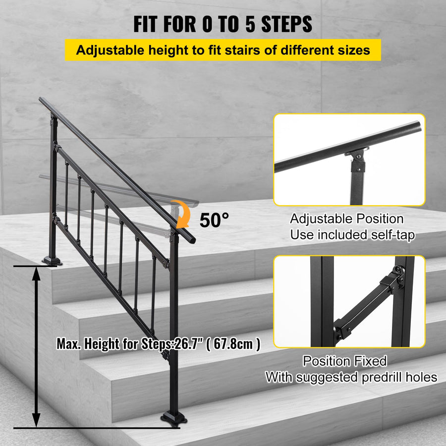 Iron Handrail Stair Railing Hand Rail Kit 1-4 Steps Outdoor Black w/ Bars