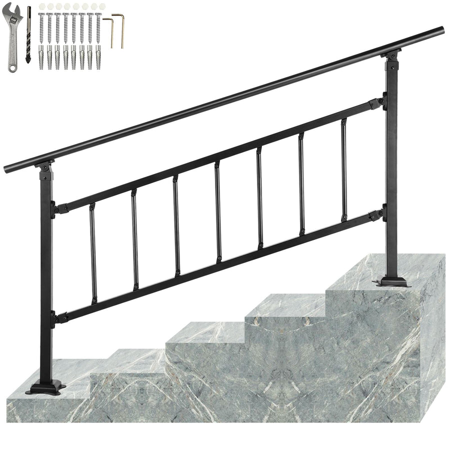Iron Handrail Stair Railing Hand Rail Kit 1-4 Steps Outdoor Black w/ Bars