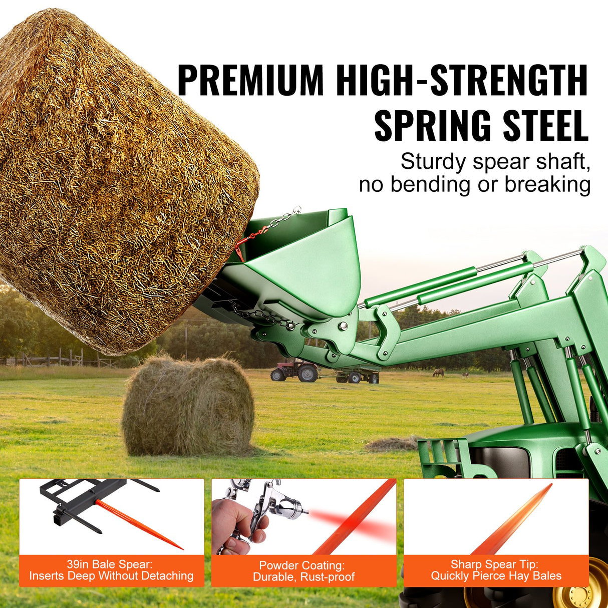 VEVOR 39" Hay Spear, Bale Spears 726kg Loading Capacity, Skid Steer Loader Tractor Bucket Attachment with 2pcs 17.5" Stabilizer Spears and 60" Chain,