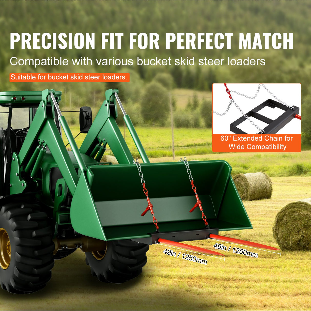 VEVOR 49" Hay Spear, Bale Spears 1360kg Loading Capacity, Skid Steer Loader Tractor Bucket Attachment with 2pcs 17.5" Stabilizer Spears and 60" Chain, Quick Attach Spike Forks