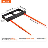 VEVOR 49" Hay Spear, Bale Spears 1360kg Loading Capacity, Skid Steer Loader Tractor Bucket Attachment with 2pcs 17.5" Stabilizer Spears and 60" Chain,