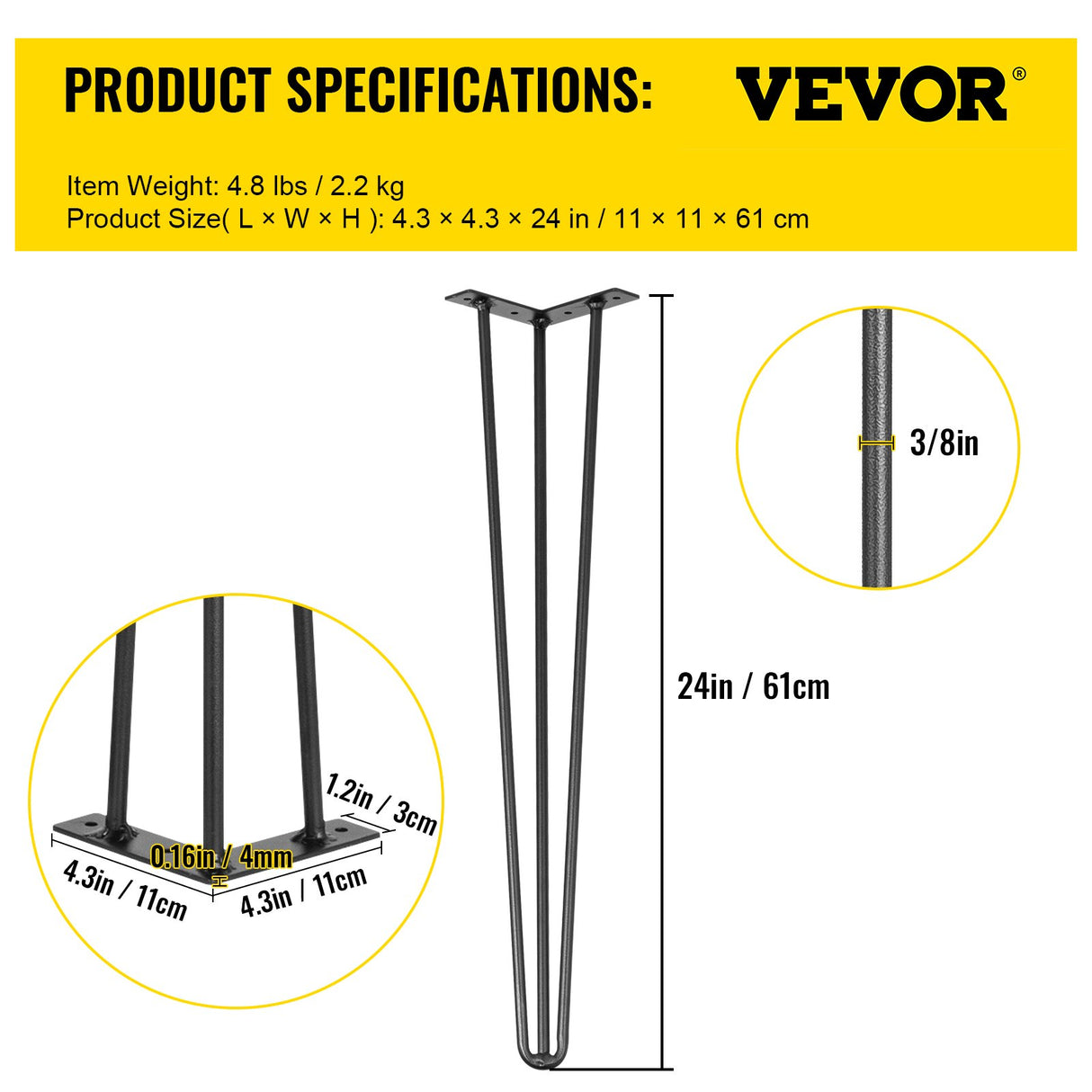 Hairpin Table Legs 24 inch Black Set of 4 Desk Legs Each 220lbs Capacity Hairpin Desk Legs 3 Rods for Bench Desk Dining End Table Chairs Carbon Steel DIY Table Legs Heavy Duty Furniture Legs