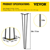 VEVOR Hairpin Table Legs 28 inch, Set of 4 DIY Desk Table Legs 3 Rods Heavy Duty - Close-Up Angle