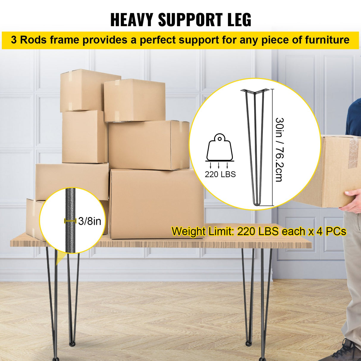 Hairpin Table Legs 30 inch Black Set of 4 Desk Legs Each 220lbs Capacity Hairpin Desk Legs 3 Rods for Bench Desk Dining End Table Chairs Carbon Steel DIY Table Legs Heavy Duty Furniture Legs