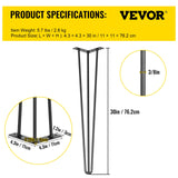 VEVOR Hairpin Table Legs 30 inch Black Set of 4 Desk Legs Each 220lbs Capacity Hairpin Desk Legs 3 Rods for Bench Desk Dining End Table Chairs Carbon Steel DIY Table Legs Heavy Duty Furniture Legs - Close-Up Angle