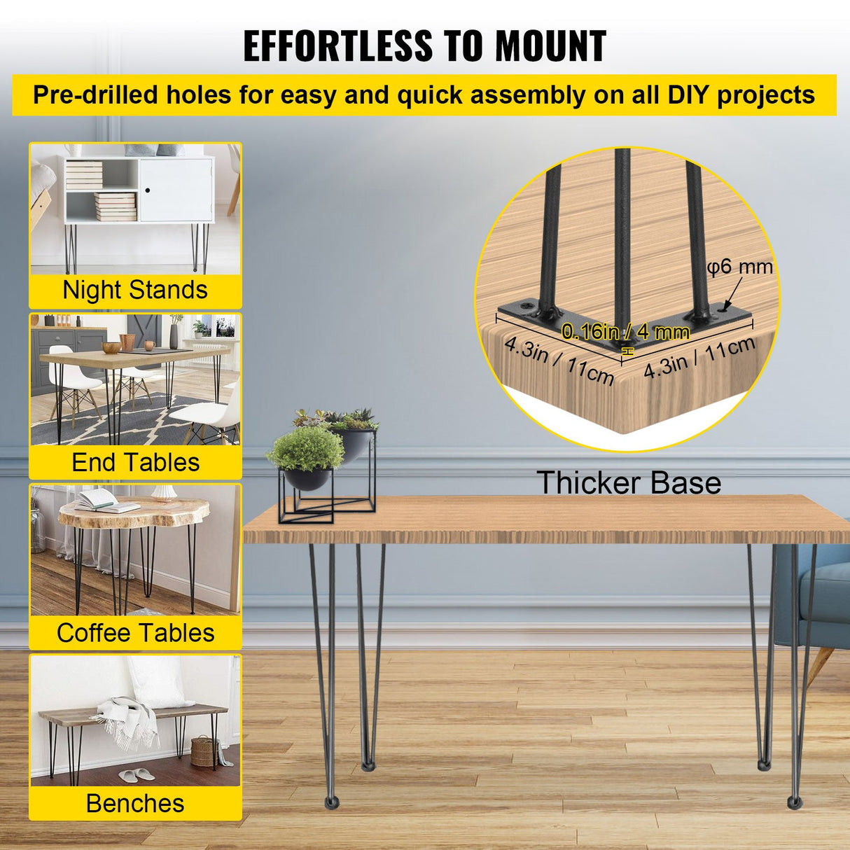 Hairpin Table Legs 34 inch Black Set of 4 Desk Legs Each 220lbs Capacity Hairpin Desk Legs 3 Rods for Bench Desk Dining End Table Chairs Carbon Steel DIY Table Legs Heavy Duty Furniture Legs