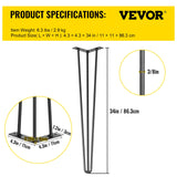 VEVOR Hairpin Table Legs 34 inch Black Set of 4 Desk Legs Each 220lbs Capacity Hairpin Desk Legs 3 Rods for Bench Desk Dining End Table Chairs Carbon Steel DIY Table Legs Heavy Duty Furniture Legs - Close-Up Angle
