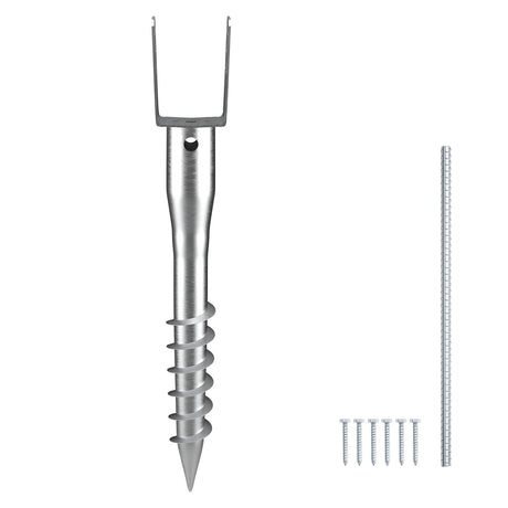 No Dig Ground Anchor, 1 Pack 10 x 7 x 70 cm DIY Screw in Post Stake, Includes 6 Lag Bolts & a Rebar, U-Shape