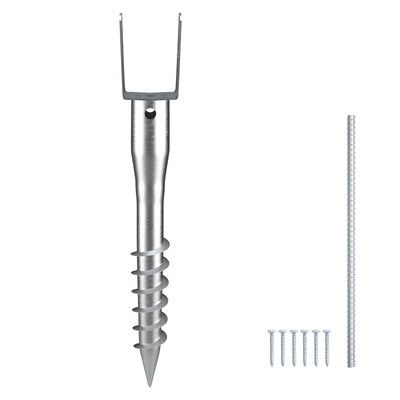 No Dig Ground Anchor, 1 Pack 10 x 7 x 70 cm DIY Screw in Post Stake, Includes 6 Lag Bolts & a Rebar, U-Shape Heavy Duty Steel Post Holder, Great for Mailbox Posts and Fence Posts