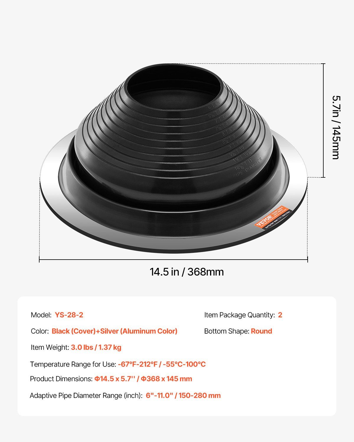 VEVOR 2 Pcs Metal Roof Pipe Flashing Boots Fit 150-280 mm Pipe High Temp EDPM