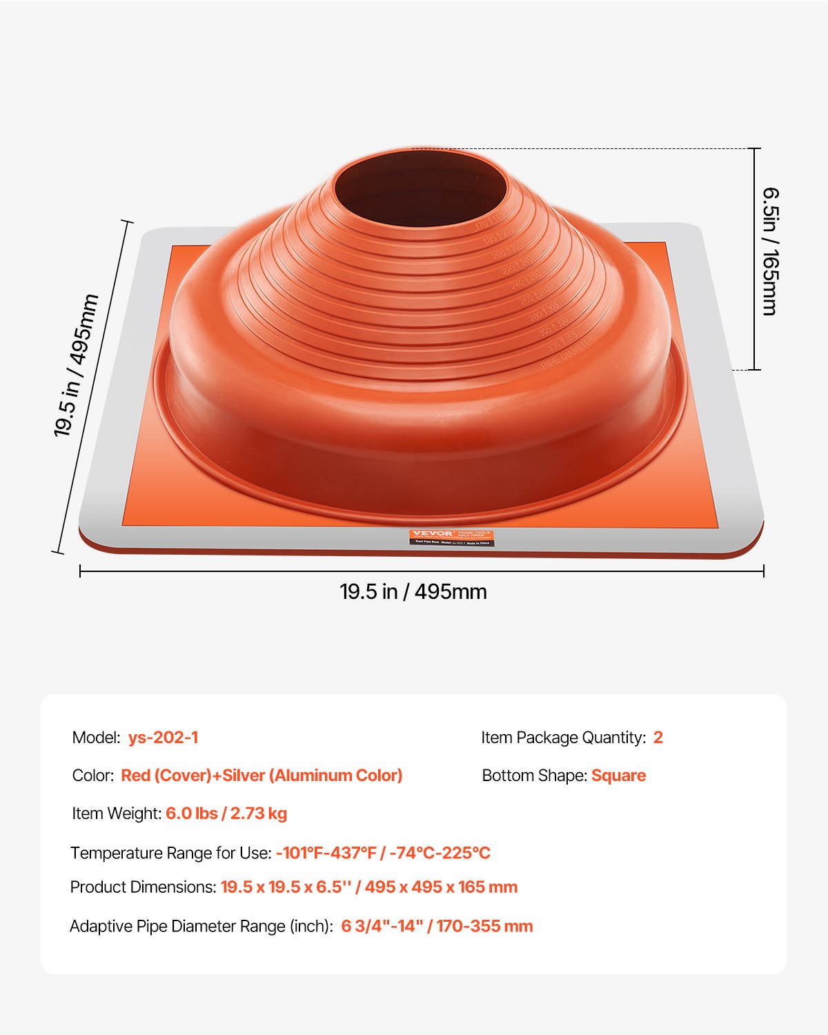 VEVOR 2 Pcs Metal Roof Pipe Flashing Boot Fit 170-355 mm Pipe High Temp Silicone