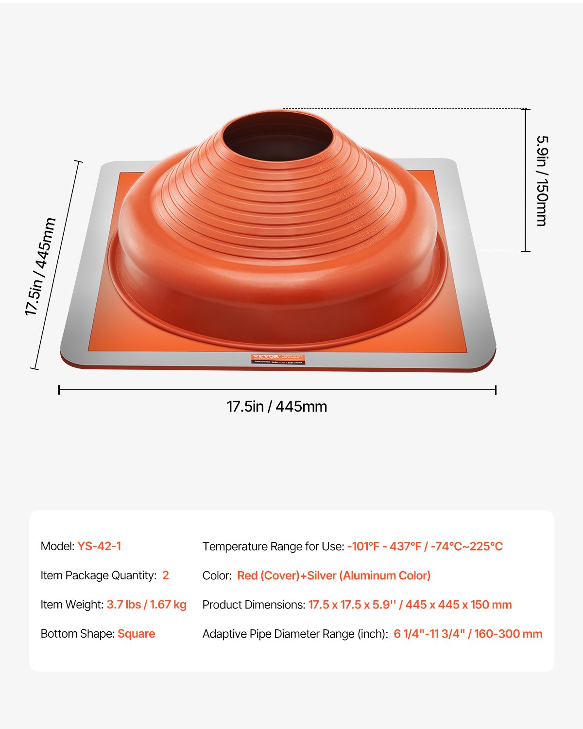 VEVOR 2 Pcs Metal Roof Pipe Flashing Boot Fit 160-300 mm Pipe High Temp Silicone