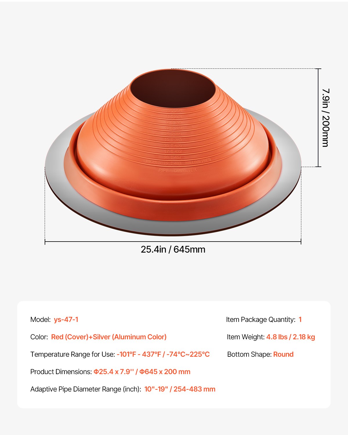 VEVOR Metal Roof Pipe Flashing Boot Fits 254-483 mm Pipe High Temp Red Silicone