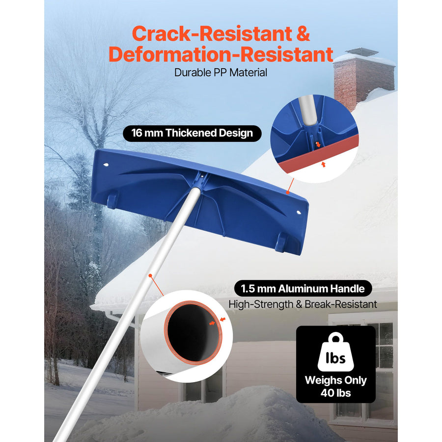 Snow Roof Rake, 60cm PP Plastic Blade, 1.18-5.55 m Adjustable Roof Snow Scraper with Wheels, Anti-Slip Handle Snows Removal Tool, Lightweight House Rooftop Rake for Leaves Debris Removal