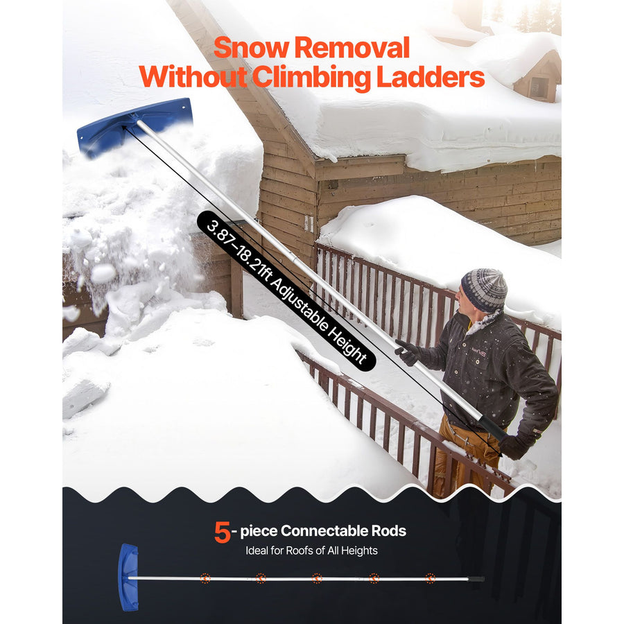 Snow Roof Rake, 60cm PP Plastic Blade, 1.18-5.55 m Adjustable Roof Snow Scraper with Wheels, Anti-Slip Handle Snows Removal Tool, Lightweight House Rooftop Rake for Leaves Debris Removal