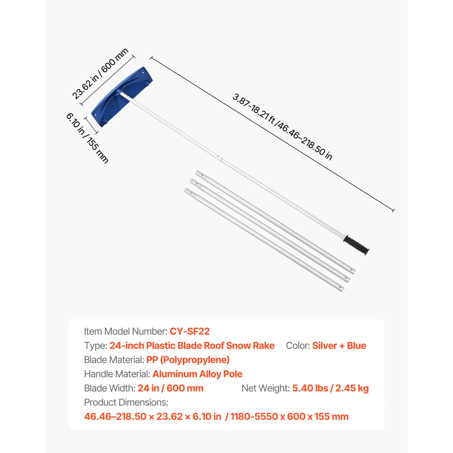 Snow Roof Rake, 60cm PP Plastic Blade, 1.18-5.55 m Adjustable Roof Snow Scraper with Wheels, Anti-Slip Handle Snows Removal Tool, Lightweight House Rooftop Rake for Leaves Debris Removal