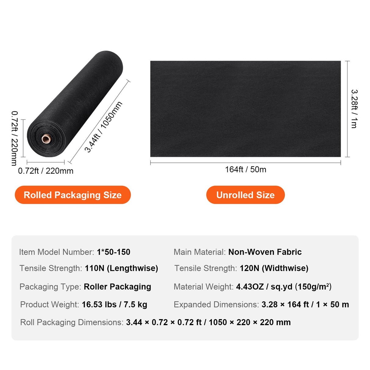VEVOR Driveway Fabric, 1*50m Non Woven Geotextile Fabric, Heavy Duty Garden Weed Barrier Fabric, 4.43OZ Landscape Fabric, French Drains Drainage