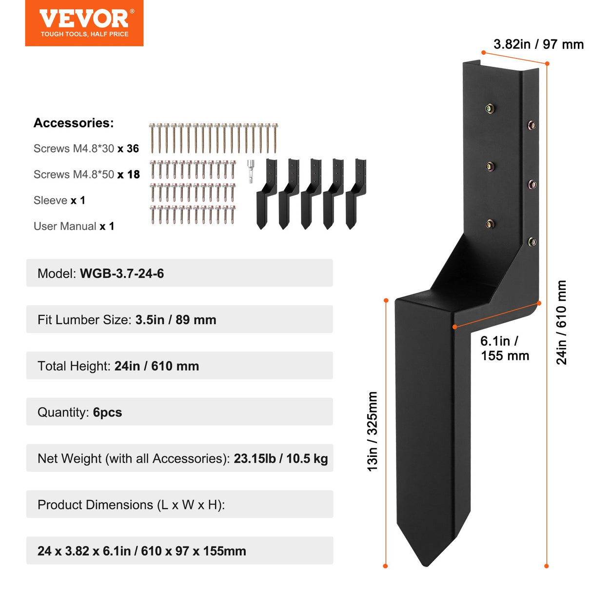 VEVOR Fence Post Anchor Repair Kit 6 Pack Inner Support Stakes Repair