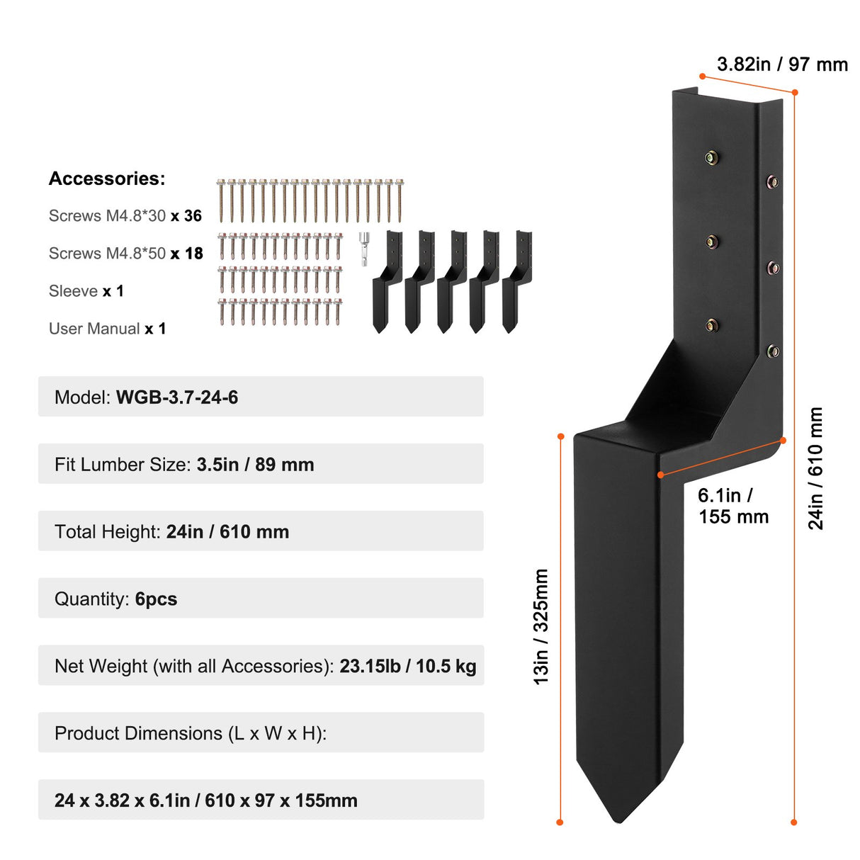 VEVOR Fence Post Anchor Repair Kit 6 Pack Inner Support Stakes Repair