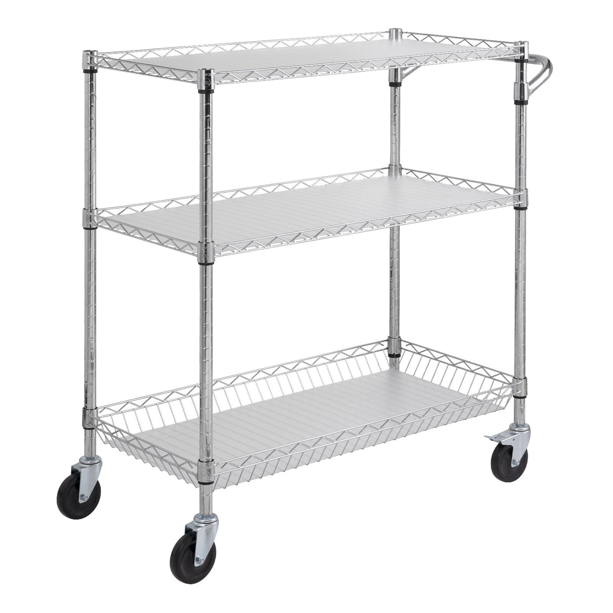VEVOR Kitchen Utility Cart 3 Tiers Wire Rolling Cart Steel Service Cart on Wheels Metal Storage Trolley with 80mm Basket Curved Handle PP Liner 6 Hooks for Indoor and Outdoor